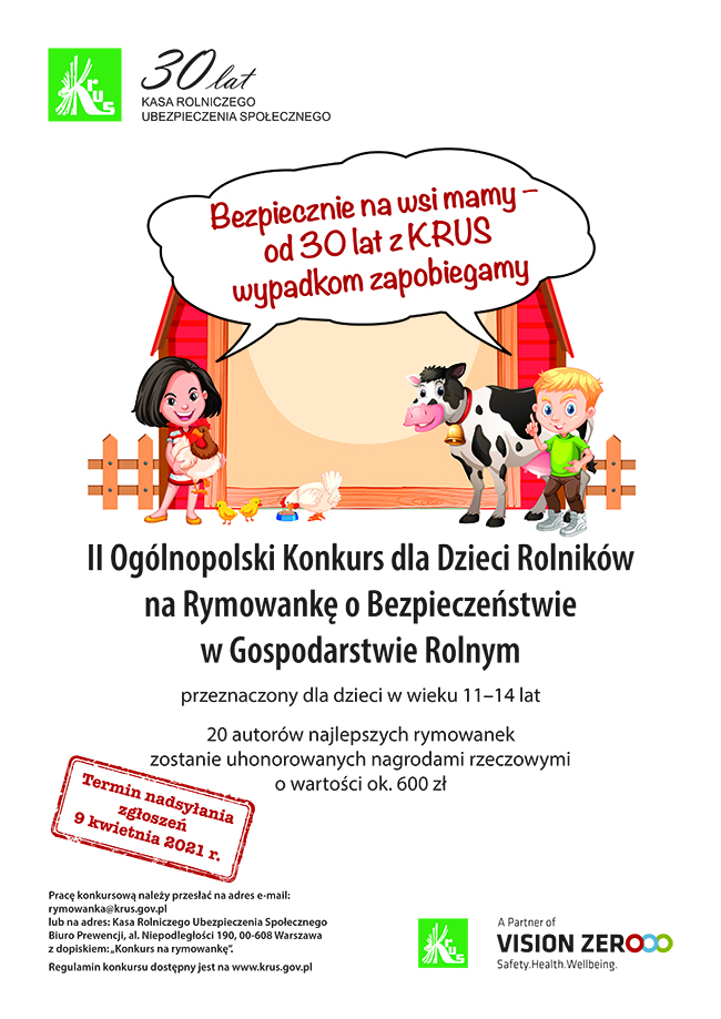 KRUS organizuje II Ogólnopolski Konkurs dla Dzieci Rolników na Rymowankę o Bezpieczeństwie w Gospodarstwie Rolnym